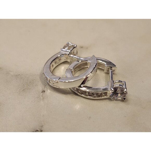 Sterling Silver Hoop Earrings With Cubic Zirconia Accents - Picture 6 of 6